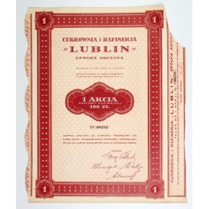 LUBLIN, Cukrownia i Rafinerja, Spółka Akcyjna. 1 akcja wartości nominalnej 100 zł....