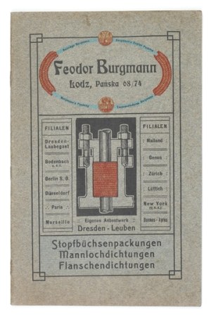 BURGMANN Fedor. Grösste und älteste Spezialfabrik für Dichtungsmaterialien. [Catalog]. Oktober 1911. lodz 1911. 8,...