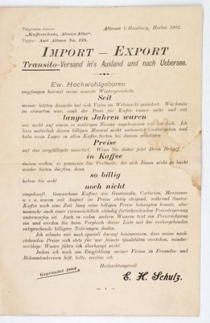SCHULZ E. H. Import-Export. Preisliste für Oesterreich-Ungarn. Altona, Herbst 1901. 8, p. 12....