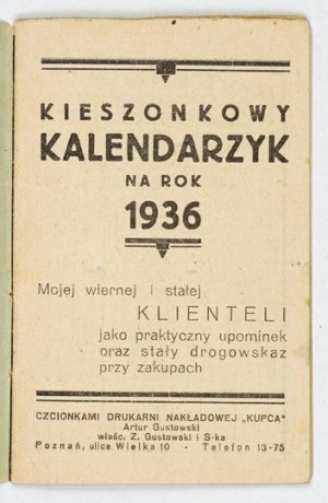 WOŹNIAK F[ranciszek]. Trading House. Pocket Calendar for the year 1936. poznań. Print. Kupiec