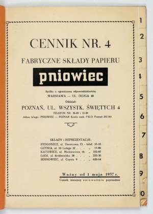 PNIOWIEC. Factory Paper Stores, Ltd. Price list No. 4. Valid from May 1, 1937.