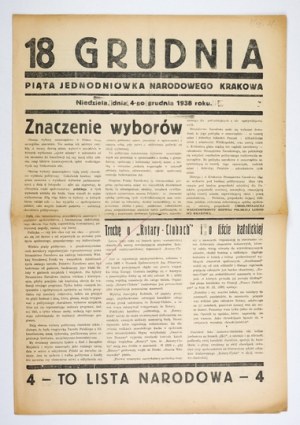 DECEMBER 18. Third one-day paper of the national Cracow. Cracow, November 20, 1938; Nakł. National Party. Editor. K....