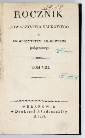 ANNUAL of the Scientific Society with the University of Cracow...Vol. 8: 1823