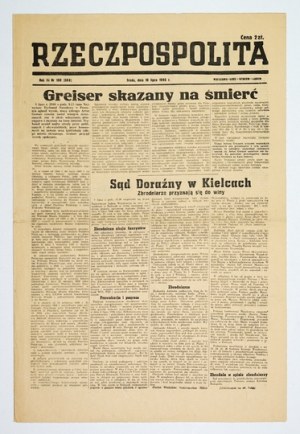 RZECZPOSPOLITA. R. 3, no. 188: 10 July 1946 Verdict on Greiser, Kielce pogrom.