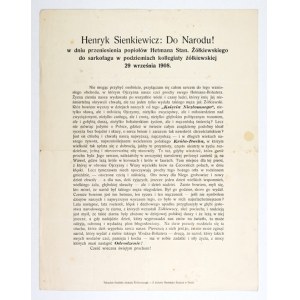 HENRYK  Sienkiewicz: Do Narodu! w dniu przeniesienia popiołów Hetmana Stan. Żółkiewskiego do sarkofagu w podziemiach kol...