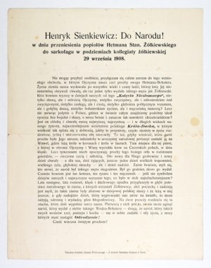 HENRYK Sienkiewicz: To the Nation! On the day of the transfer of the ashes of Hetman Stan. Zolkiewski to the sarcophagus in the vaults of the col...