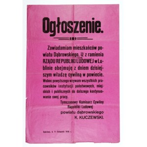 Przejęcie władzy w pow. dąbrowskim przez komisarza Republiki Ludowej. Dąbrowa Górn....