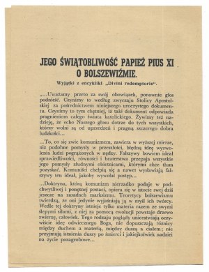 REMINDER of the Holy Father. His Holiness Pope Pius XI on Bolshevism. Exceptions from the encyclical 