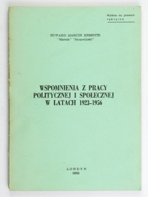 KEMNITZ E. - Memoirs of political and social work. London 1983; Dedication by the author.