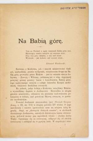 UŁASZYN Henryk - To Babia Góra. [Cracow] 1901. 8, p. 20. broch. wt. Reproduced from 