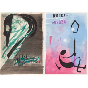 Tadeusz Gronowski (1894 Warszawa - 1990 Warszawa), Projekt plakatu Wódka=Nędza oraz Alkohol trucizna - praca dwustronna , 1963