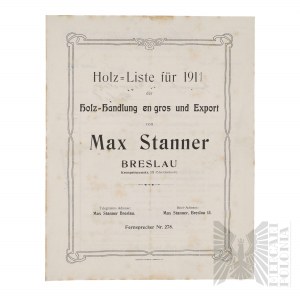 Cesarstwo Niemieckie- Ulotka Reklamowa Hurtownia Drewna Max Stanner Holz-Handlung en gros und Export von Max Stanner) Wrocław (Breslau) 1911