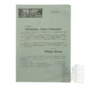 Cesarstwo Niemieckie- Ulotka Reklamowa Poidła Automatyczne Patent Schoenefeld Wilhelm Werner (Selbsttraenke &gt;&gt;Patent Schoenefeld&lt;&lt; Wilhelm Werner) Zielona Góra (Gruenberg in Schleise) 1913
