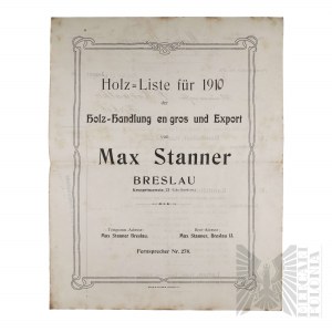 Cesarstwo Niemieckie Ulotka Reklamowa Hurtownia Drewna Max Stanner “Holz=Liste fuer 1910 der Holz-Handlung en gros und Export von Max Stanner” Wrocław (Breslau) 1910