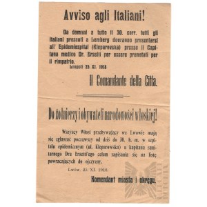 I wojna światowa/II RP Ulotka “Do Żołnierzy i Obywateli Narodowości Włoskiej” Komendant miasta i okręgu Lwów 25 XI 1918 Dwujęzyczna Język Włoski Język Polski