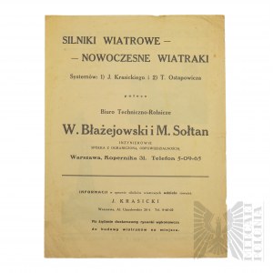 II RP - Ulotka Reklamowa Silników Wiatrowych Biura Techniczno-Rolniczego M. Błażejowski i M. Sołtan, WarszawaWymiary: 31 x 23 cmStan jak na zdjęciach.