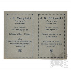II RP- Ulotka Adresowa J.N. Różyński Fabryka Wódek i Likierów Trójjęzyczna Język Polski Język Francuski Język Angielski Poznań