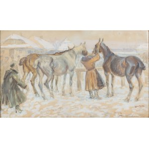 Jan Erazm Kotowski (1885 Opatowiczki near Pinczow - 1960 Milanowek), Men by the horses