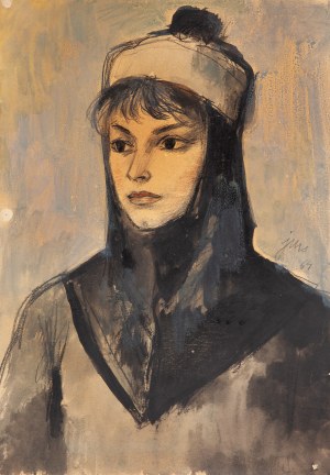 Jan Marcin Szancer (1902 Kraków - 1973 Warszawa), Portret kobiety w czapce, 1964