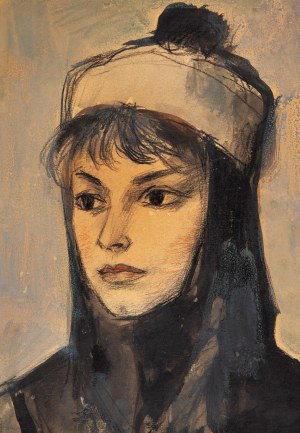 Jan Marcin Szancer (1902 Kraków - 1973 Warszawa), Portret kobiety w czapce, 1964