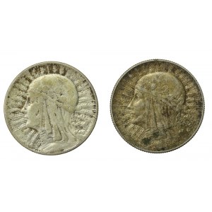 II RP, zestaw 5 złotych 1933-1934 Głowa kobiety. Razem 2 szt. (842)