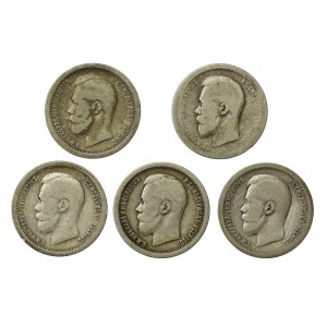 Russia, Nicola II, serie di 50 copechi 1895-1897. totale 5 pezzi. (843)