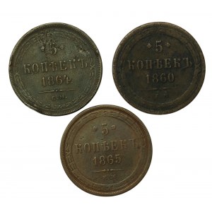 Russia, set di 5 copechi 1860-1865. totale di 3 pezzi. (495)