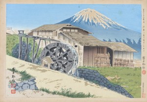 Tomikichirō Tokuriki (1902-2000), Góra Fuji - widok z młyna wodnego przy ujściu rzeki Omiya, 1939/1940