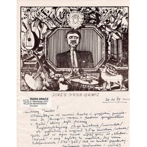 DUDA-GRACZ JERZY, List do przyjaciela na autorskim papierze listowym z własną grafiką, 20.02.1989