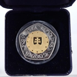 Slovensko 10 000 Sk 2004 Vstup Slovenské republiky do EU, bimetal, pětiuhelník Pd. 999/1000, Au 999/1000, váha 24,8828g.Cena kovu, certifikát, kapsle, pošk.etue,