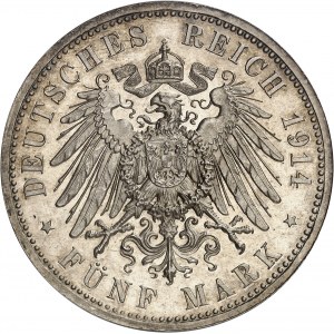 Anhalt-Dessau, Friedrich II. (1904-1918). 5 (fünf) Mark, 25. Hochzeitstag, Gebrannter Rohling (PROOF) 1914, A, Berlin.