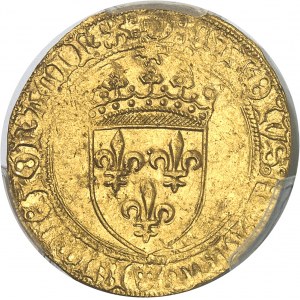 Charles VIII (1483-1498). Écu d’or au soleil, 1ère émission modifiée avec lis initial, 2e type de Perpignan ND (1483-1494), P, Perpignan.