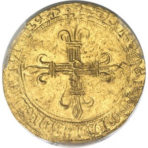 Charles VIII (1483-1498). Écu d’or au soleil, 1ère émission modifiée avec lis initial, 2e type de Perpignan ND (1483-1494), P, Perpignan.