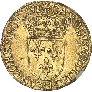 Charles IX (1560-1574). Écu d’or au soleil, 1er type 1566, H, La Rochelle.