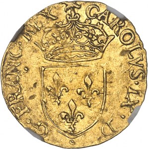 Charles IX (1560-1574). Demi-écu d’or au soleil 1566, B, Rouen.