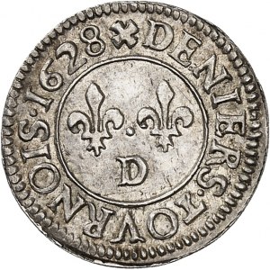 Louis XIII (1610-1643). Essai en argent du denier tournois, 4e type 1628, D, Lyon.