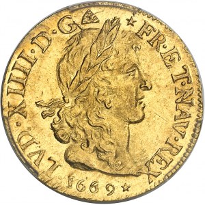 Louis XIV (1643-1715). Louis d’or juvénile lauré 1669, D, Lyon.