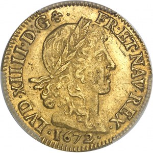 Louis XIV (1643-1715). Louis d’or juvénile lauré 1672, L, Bayonne.