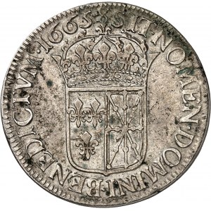 Louis XIV (1643-1715). Écu de Navarre au buste juvénile 1665, Saint-Palais.
