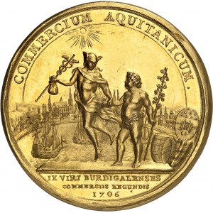 Louis XIV (1643-1715). Médaille d’Or, fondation de la Chambre de Commerce de Bordeaux, 1er type, par J. Mauger 1706, Paris.