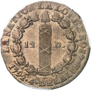 Constitution (1791-1792). 12 deniers FRANÇOIS 1792, 1er semestre - An 4, A, Paris (rose).