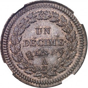 Directoire (1795-1799). Un décime Dupré, surfrappe de 2 décimes AN 5 (1796), A, Paris.