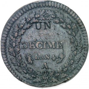 Directoire (1795-1799). Un décime Dupré, modification du 2 décimes An 4 (1795), A, Paris.