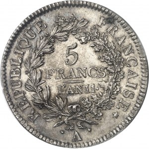 Consulat (1799-1804). 5 francs Union et Force An 11 (1803), A, Paris.