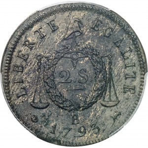 Convention (1792-1795). 2 sols à la balance, refrappe 1793 - An II, B, Rouen.
