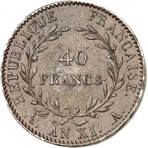 Consulat (1799-1804). Épreuve de 40 francs par Brenet, revers de Tiolier, concours de l’An XI An XI (1803), A, Paris.