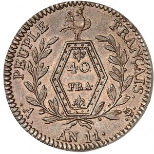 Consulat (1799-1804). Épreuve de 40 francs par Tiolier, revers PEUPLE FRANÇAIS, concours de l’An XI An 11 (1803), A, Paris.