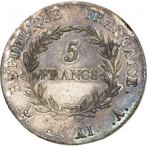 Consulat (1799-1804). 5 francs Bonaparte An XI (1803), A, Paris.