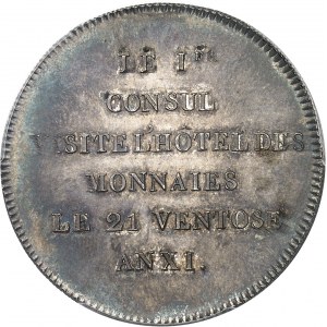 Consulat (1799-1804). Module de 5 francs, visite à la Monnaie de Paris, Frappe spéciale (SP) An XI (1803), Paris.