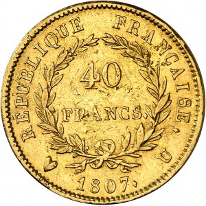 Premier Empire / Napoléon Ier (1804-1814). 40 francs type transitoire, tête nue 1807, U, Turin.